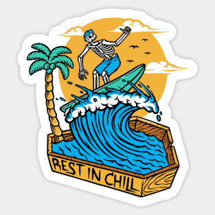 Rest in Chill // Skeleton Surfer Riding a Wave in his Coffin Sticker